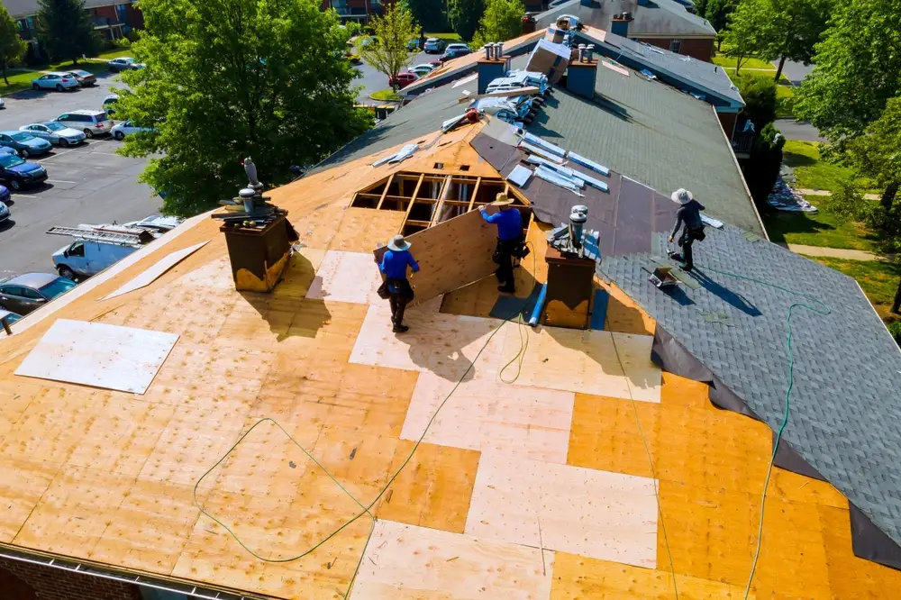 Illustration of a shingled house roof with a ladder for roofing work